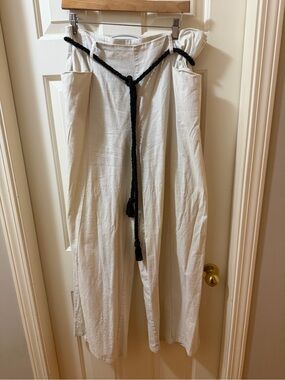 Collectif Cream High-Waist  Linen Wide Leg Pants with Black Rope Detail